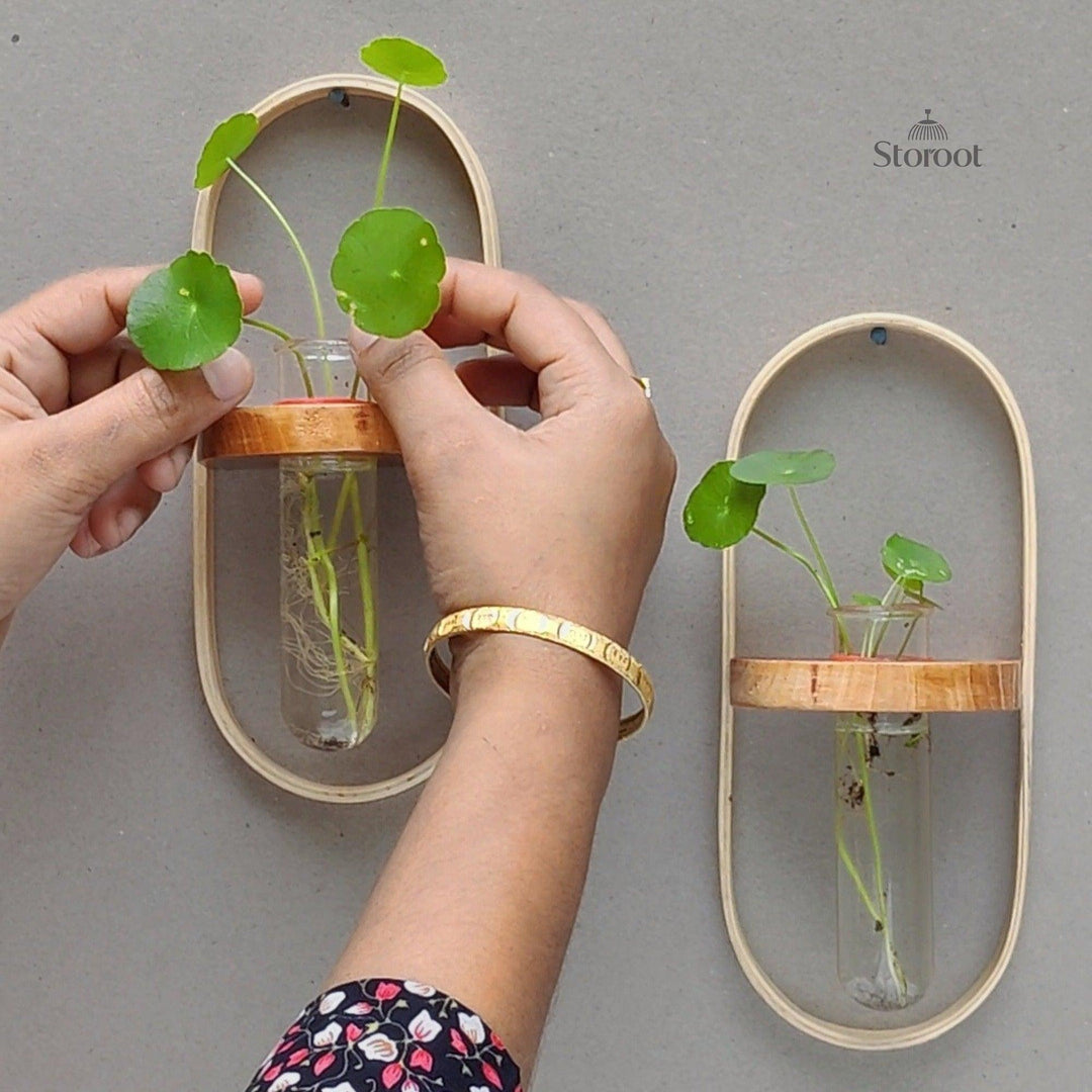 Modern bamboo planter displaying vibrant plants on a living room wall