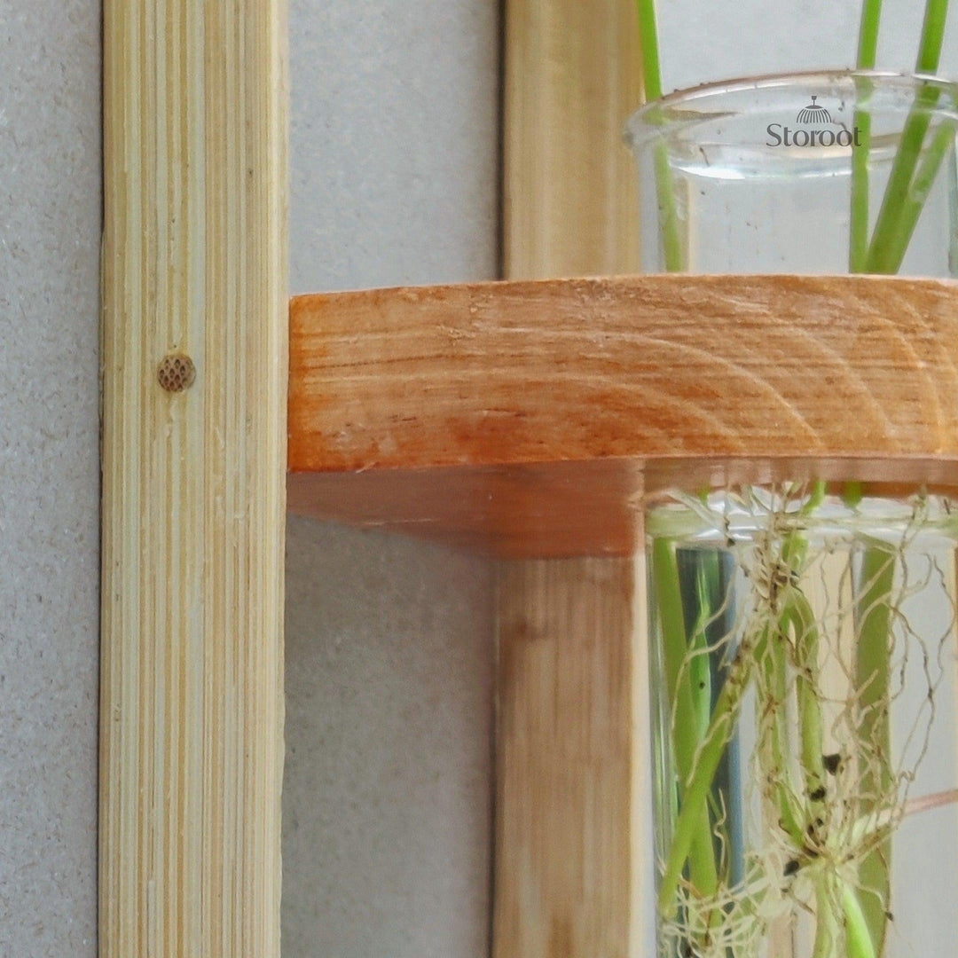 Bamboo wall hanging planter with sleek, space-saving design and transparent test tubes