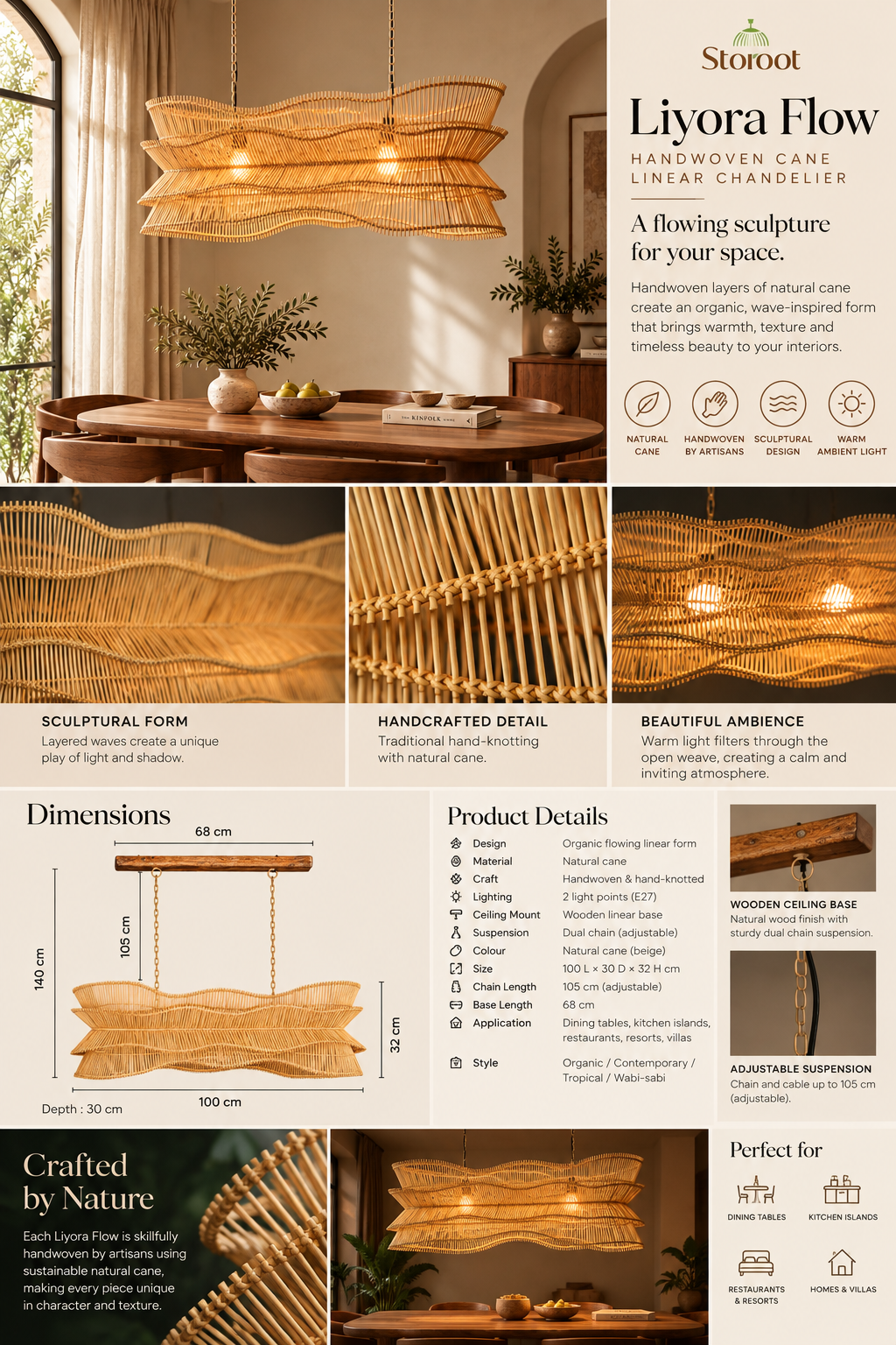 Liyora Flow – Sculptural Cane Linear Chandelier