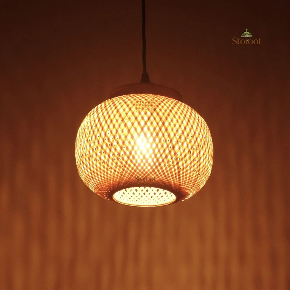 Sunce Handmade Bamboo Ceiling Light Illuminated