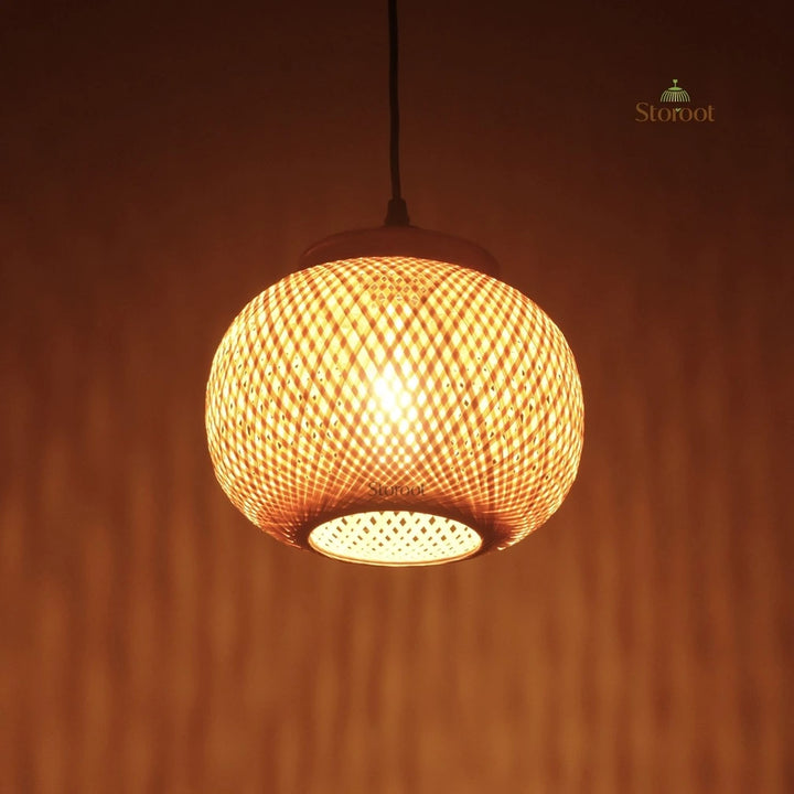 Sunce Handmade Bamboo Ceiling Light Illuminated