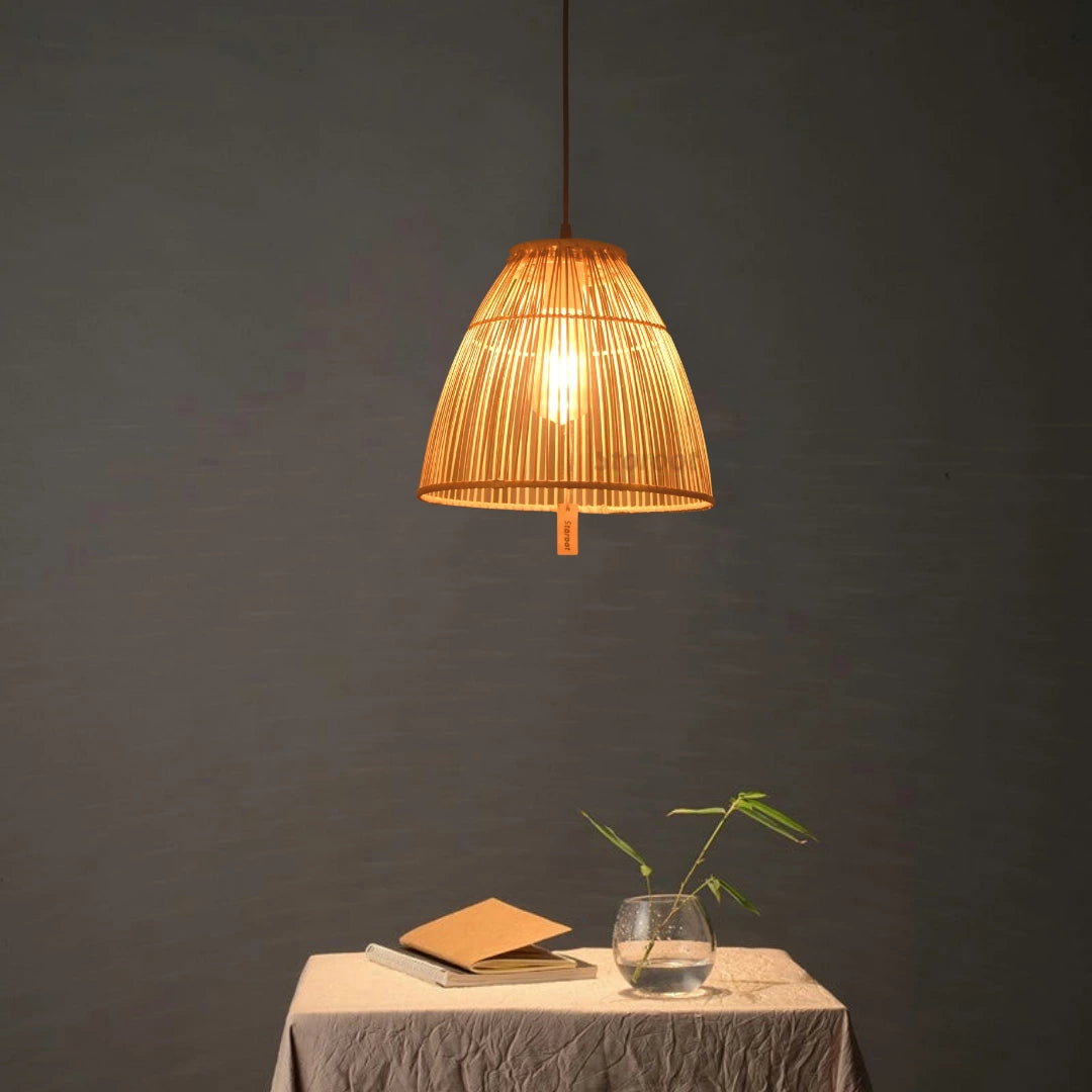 Aura Bamboo Pendant Lamp Illuminating an Indoor Space