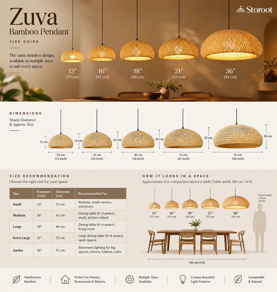 Zuva Handwoven Bamboo Pendant Light | Modern Dome Hanging Lamp