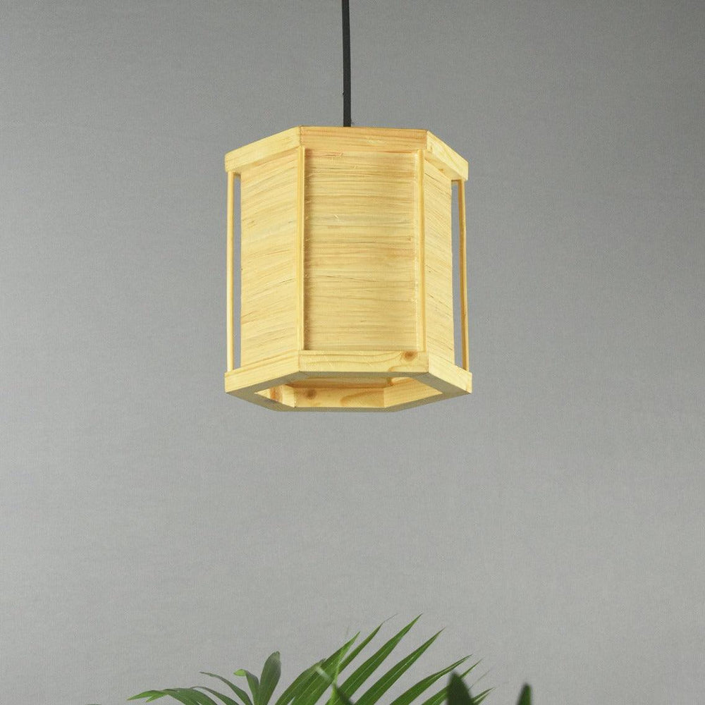 Handcrafted hexagon-shaped raffia and bamboo pendant light