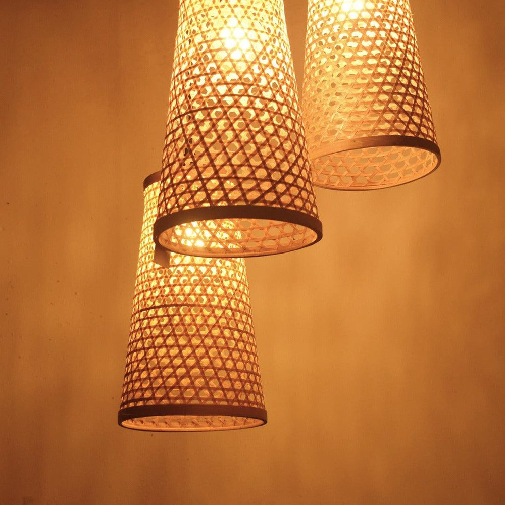 Handwoven bamboo light with honeycomb pattern