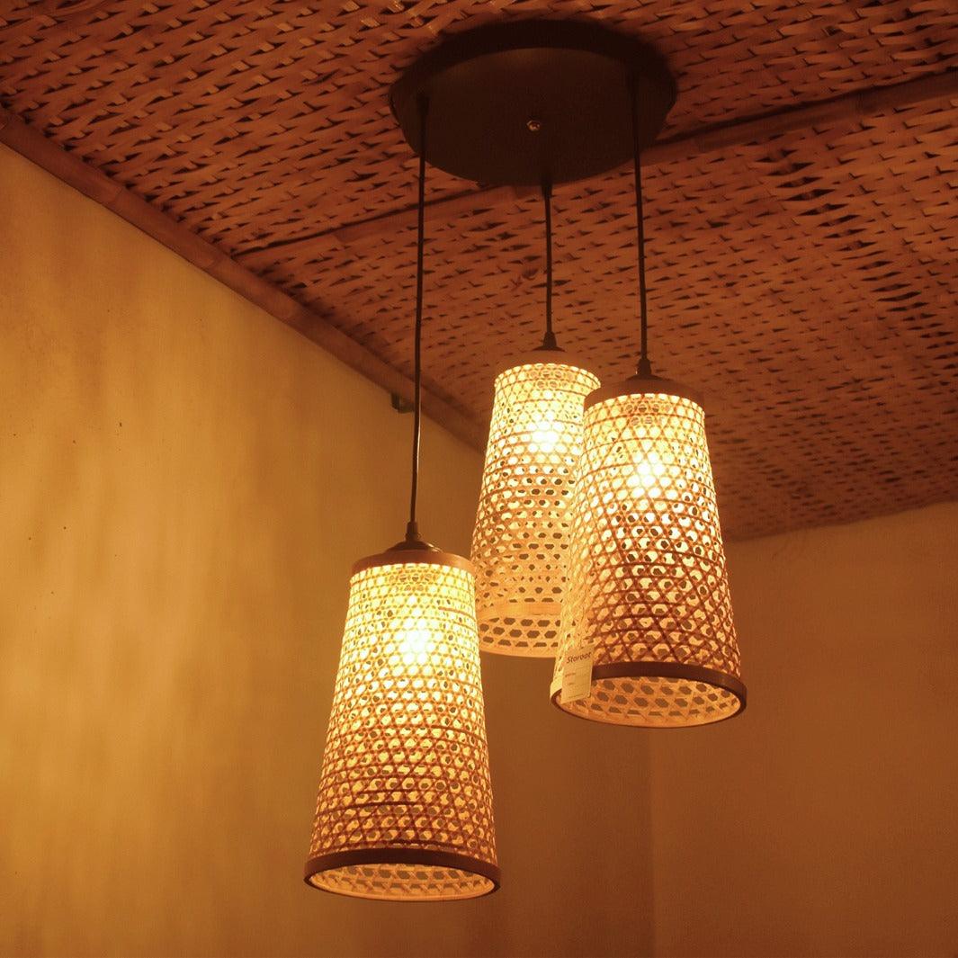 Conical bamboo chandelier light with honeycomb design, set of three