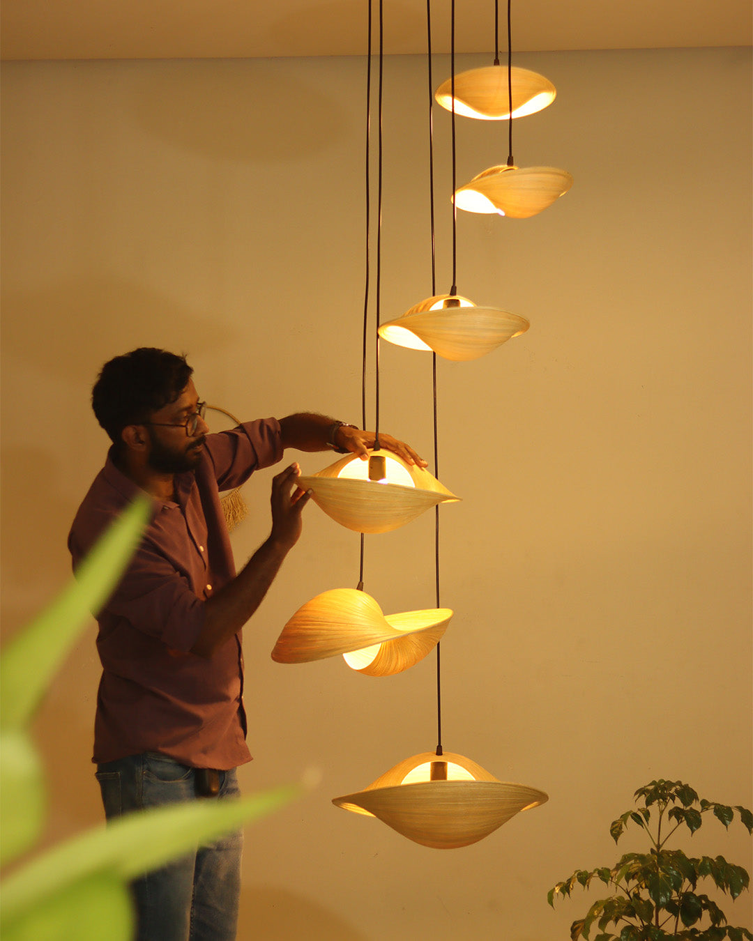 Azura Cluster of 6 Bamboo Pendant Light for Double Height Spaces