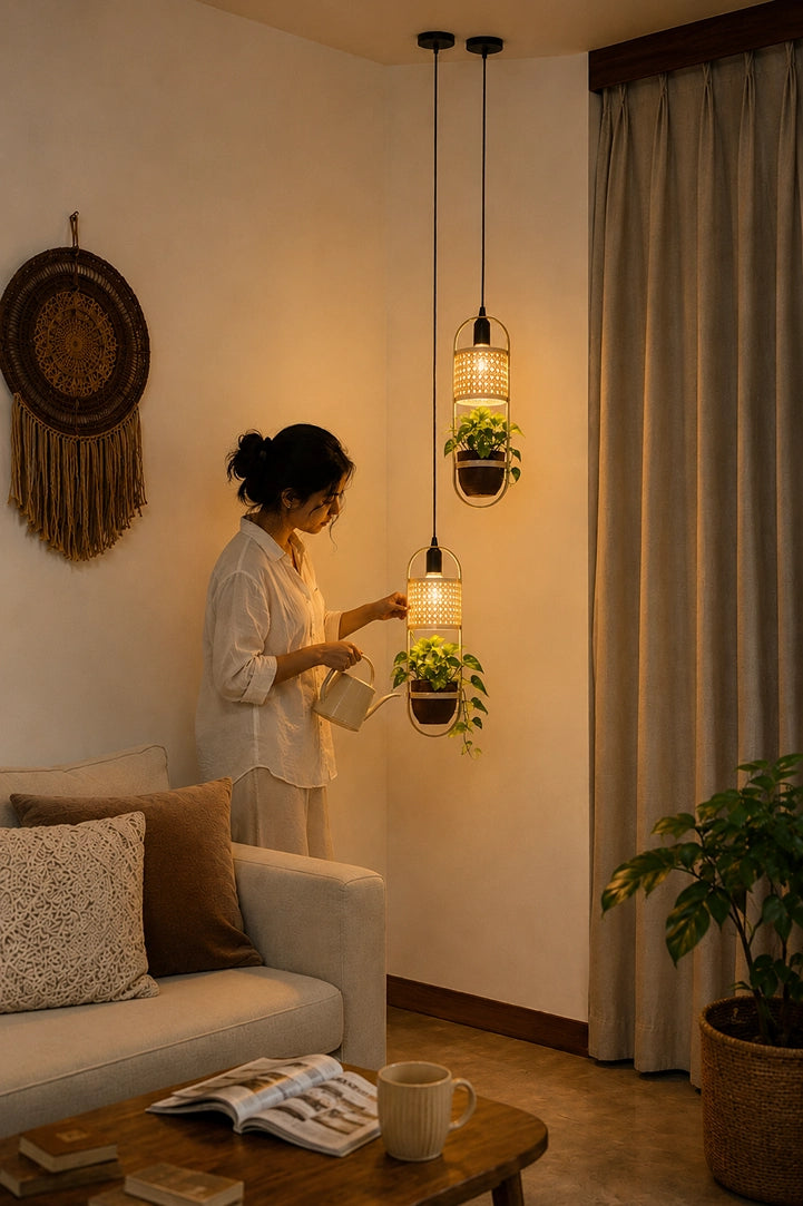 LeafLight Bamboo Planter Pendant Lamp H17 – Hanging Bamboo & Rattan Cane Light