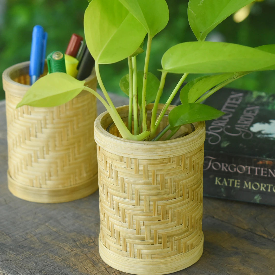 Handmade bamboo desk planter with glass jar for plant lovers.