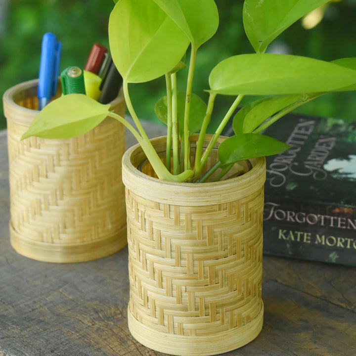 Handmade bamboo desk planter with glass jar for plant lovers.