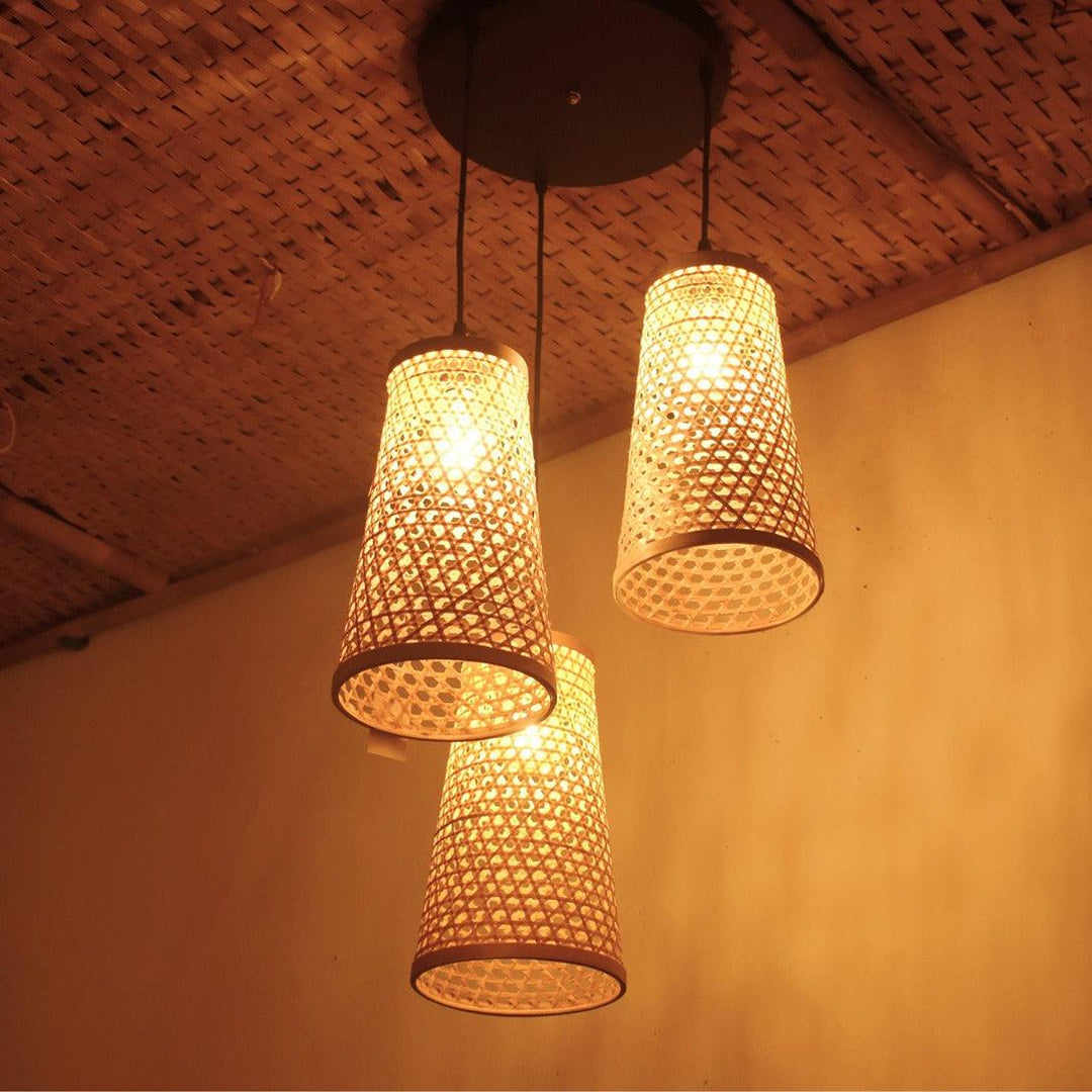 Sustainable bamboo light fixture with honeycomb weave