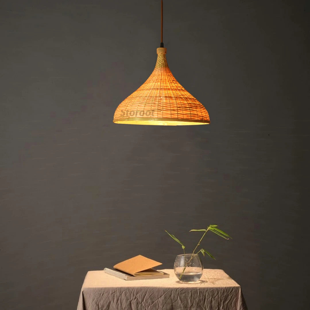 LuzLight Bamboo Pendant Lamp Illuminating a Cozy Interior