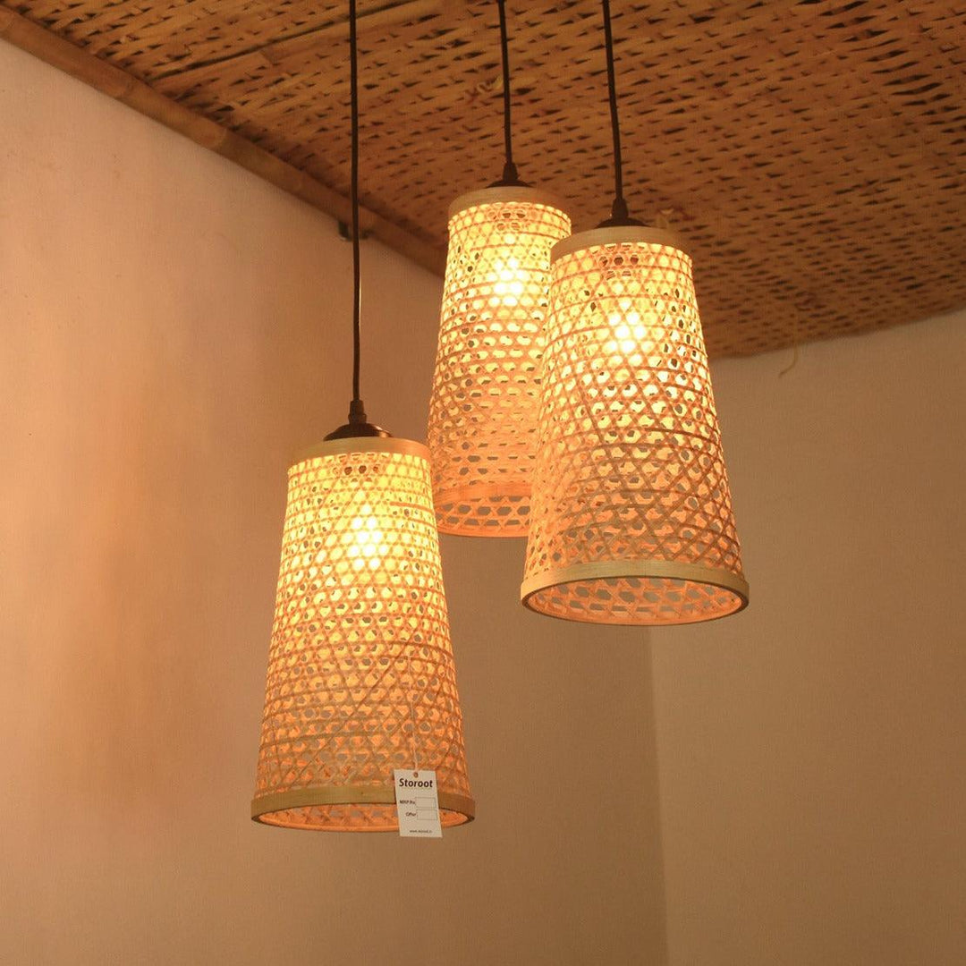 Rattan cane lamp hanged on ceiling as cluster of 3