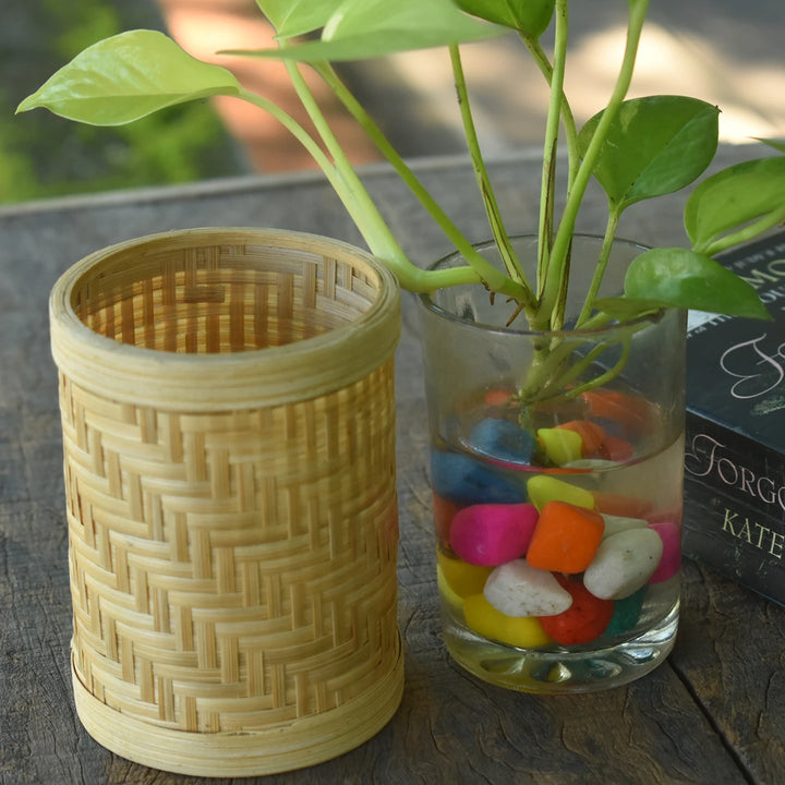 Woven bamboo planter for office desk and corporate gifting.