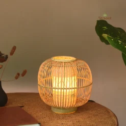Handmade Huba bamboo table lamp with mushroom shape.